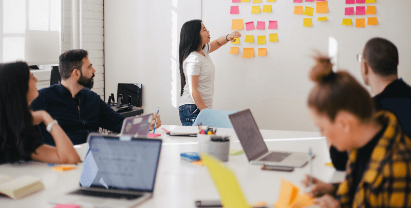 Profissionais em reunião de equipe com quadro de post-its, planejamento estratégico e uso de laptops, representando gestão empresarial eficiente e inovação nos negócios.