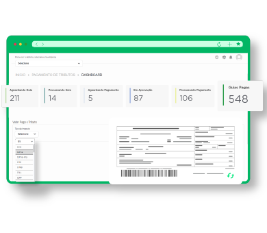 Sistema de gestão de tributos da Dootax mostrando painel de pagamento de tributos online com dados de processamento.