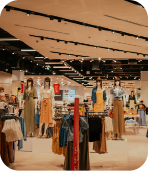 Sala de compras de roupas femininas no shopping, destaque para a iluminação moderna e roupas variadas em exibição.