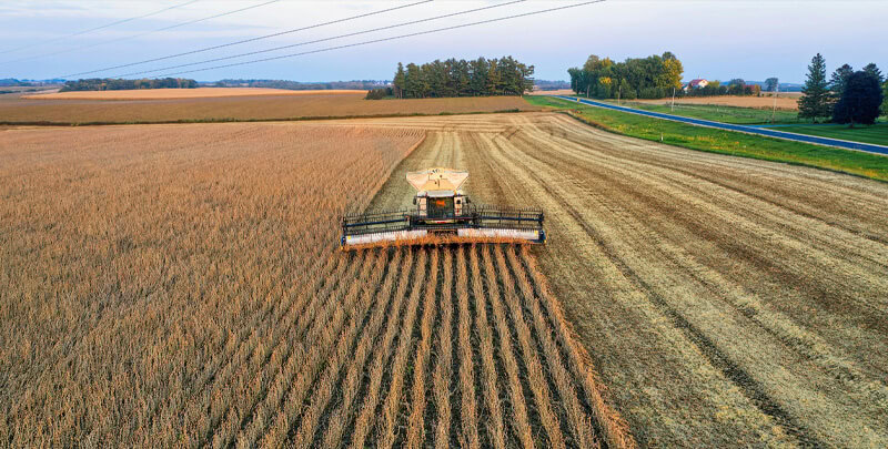 Maquinário agrícola colhendo soja em campo aberto, durante o dia, com céu claro e horizonte distante, representando o setor agrícola e tecnologia na agricultura.
