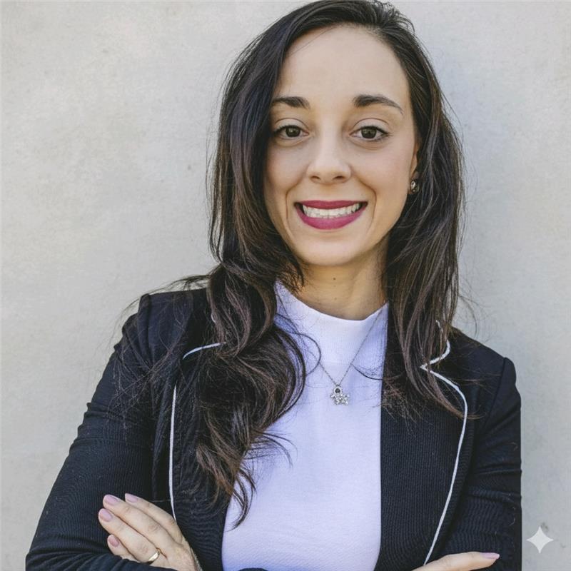 Profissional sorridente usando blazer preto e blusa branca, representando confiança em soluções de gestão tributária e serviços fiscais, com foco em tecnologia e inovação na área fiscal.